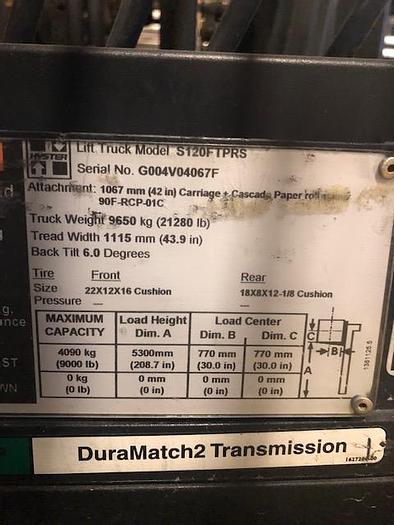 Used 12,000 LB HYSTER ROLL CLAMP TRUCK S120FTPRS W/ 60" OD ROLL CAPACITY MFG. (2006)