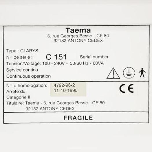 Used TAEMA AIR LIQUIDE ANESTHESIA RESPIRATOR model CLARYS with Sevoflurane tank