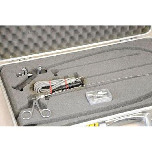 Used KARL STORZ SOFT PEDIATRIC CYSTOSCOPE, AS NEW, WITH BIOPSY FORCEPS, ELECTRODES AND CABLES