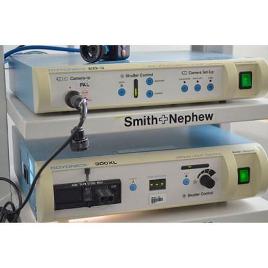 Used ENDOSCOPY COLUMN INCLUDING: SMITH AND NEPHEW ED3 3CCD CAMERA, XENON 300XL LIGHT SOURCE, CART, S COLOR PRINTER