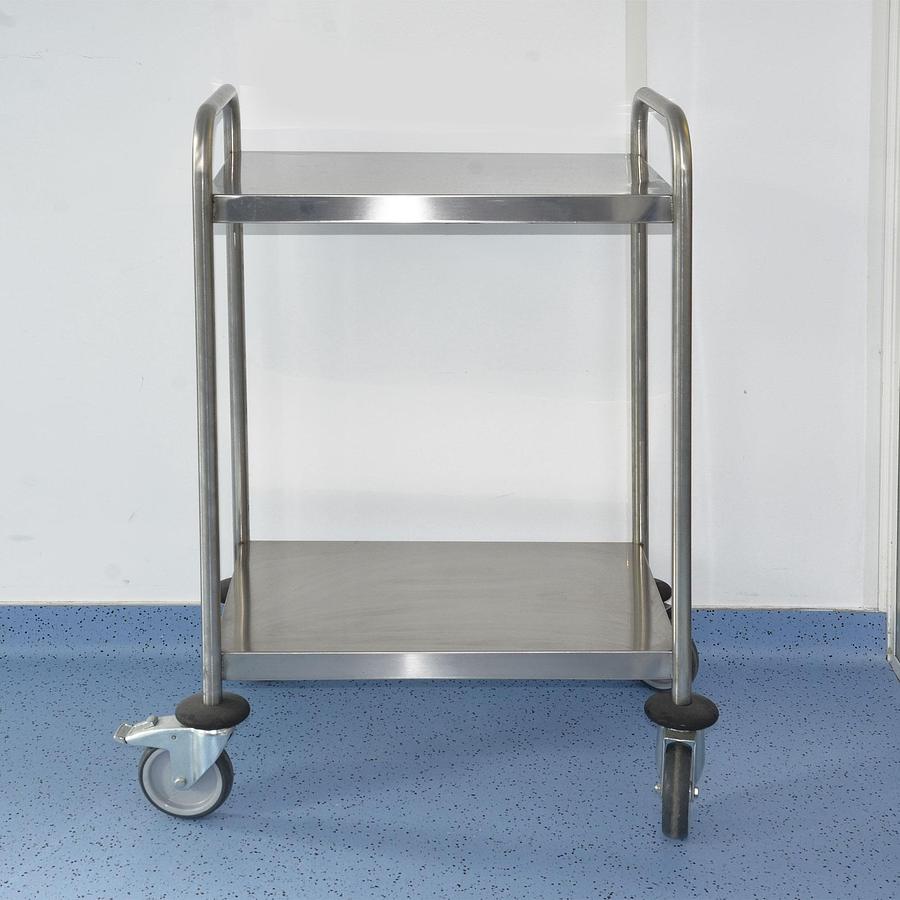 D'occasion STAINLESS STEEL PEDESTAL TABLE WITH 2 SHELVES