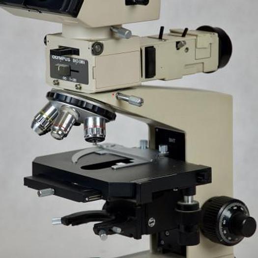 Used OLYMPUS BH 2 BINOCULAR MICROSCOPE WITH 3 OBJECTIVES (X5, X10, X100)