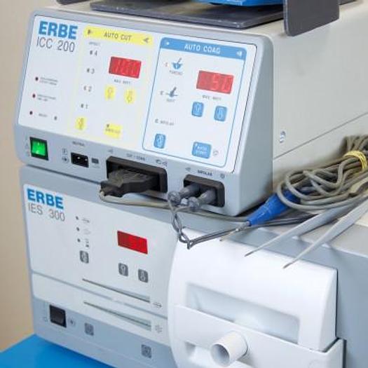 Used ERBE ICC 200 SCALPEL WITH ERBE IES 300 FUME EXTRACTOR ON CART