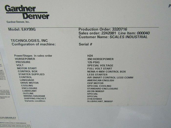 Refurbished Gardner Denver 350 hp Rotary Screw air compressor warranty yr. 2015