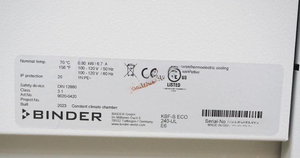 Used 2023 Binder KBF-S ECO 240-UL Climate Chamber with Thermoelectric cooling and 9 cuft interior