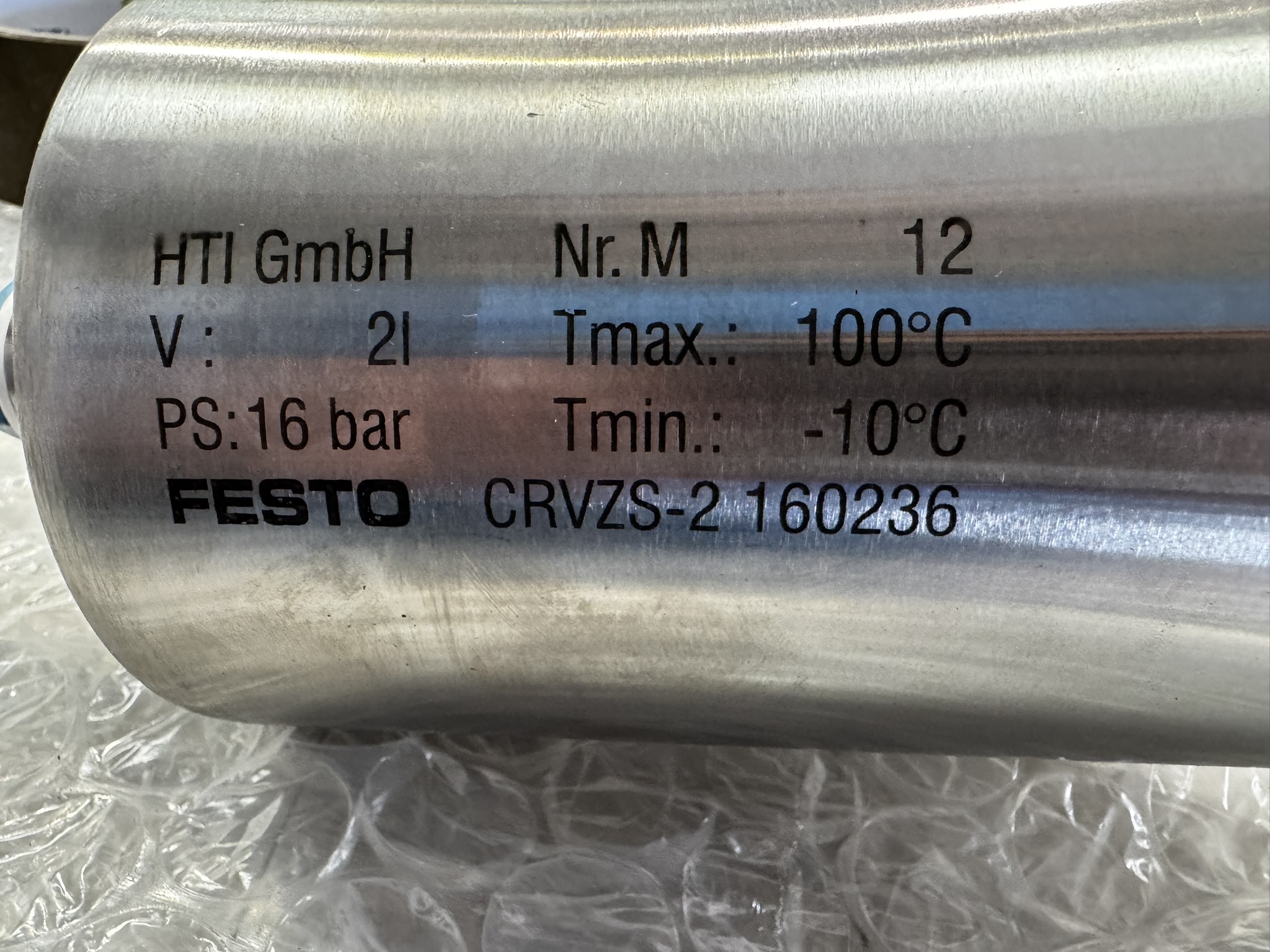 Used Festo CRVZS-2 2L Pneumatic Air Reservoir 16 Bar Stainless Pressure Tank P/N 160236