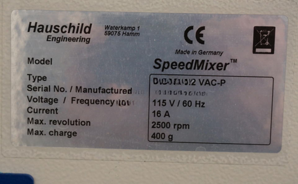 Used 2014 Hauschild Speedmixer (Flacktek) 400.2 VAC-P planetary mixer