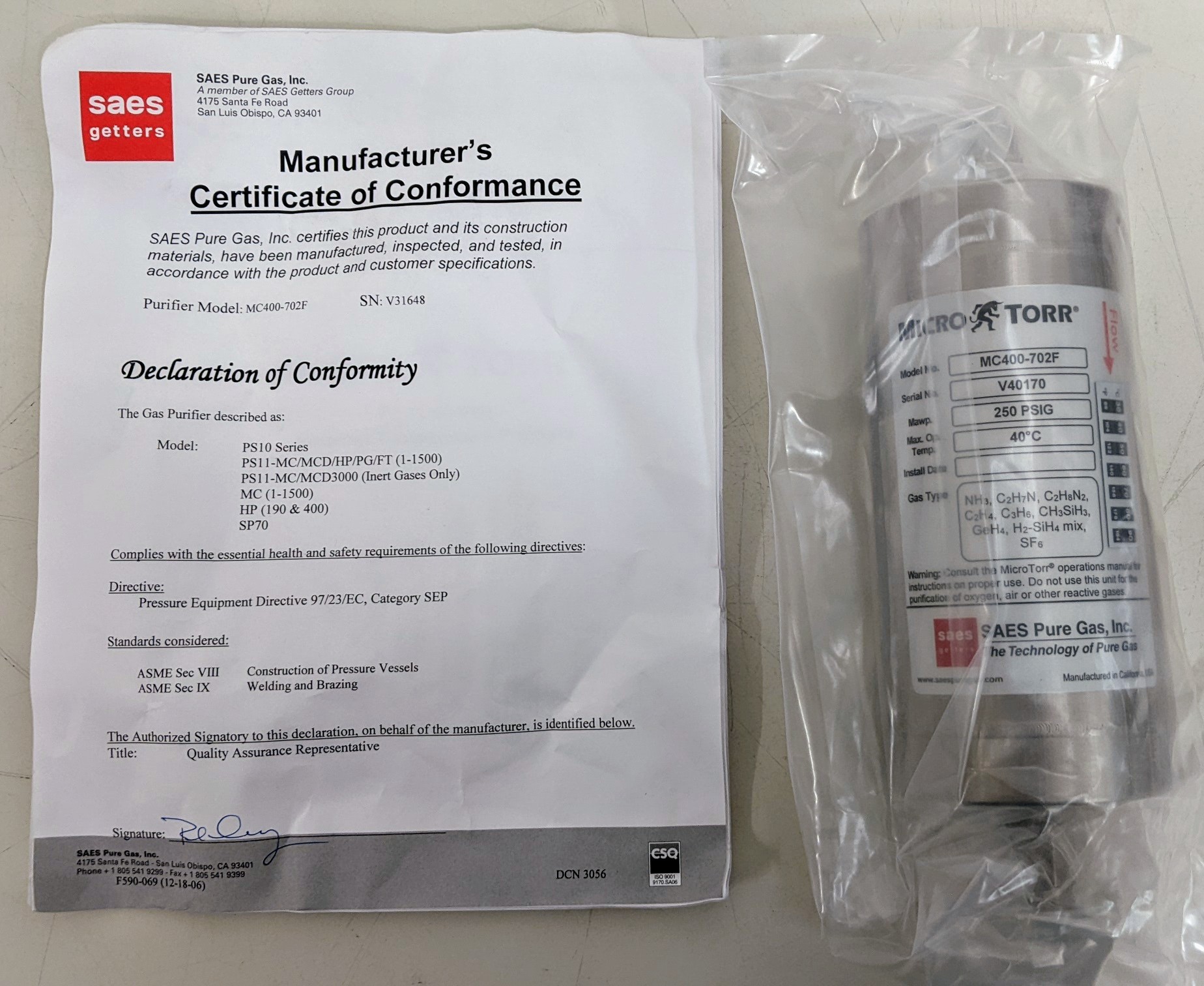 Used Saes Pure Gas Inc. NH3/DMA LUTZENBOX CARTRIDGE