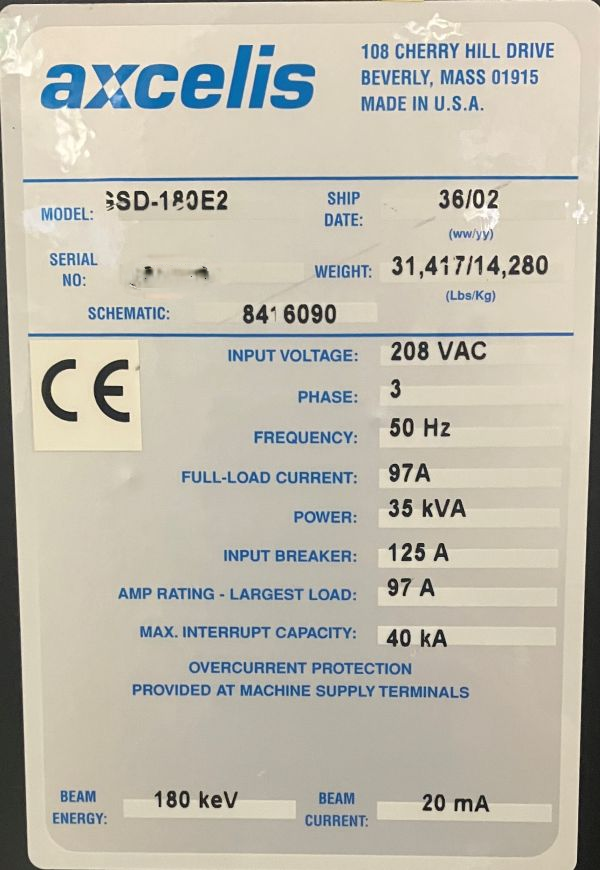 Used 2002 Axcelis GSD200E2 High Current Implanter