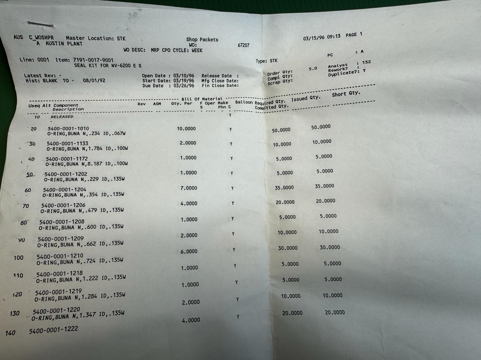 Used Eaton Nova NV6200 O-Ring Seals Spares Kit