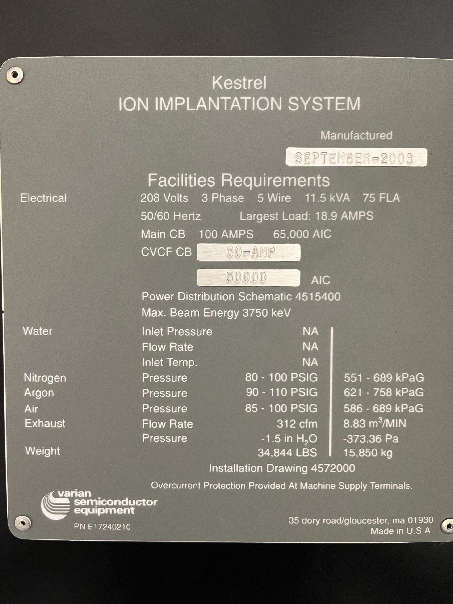 Used 2003 Varian Kestrel II 750 High Energy Implanter