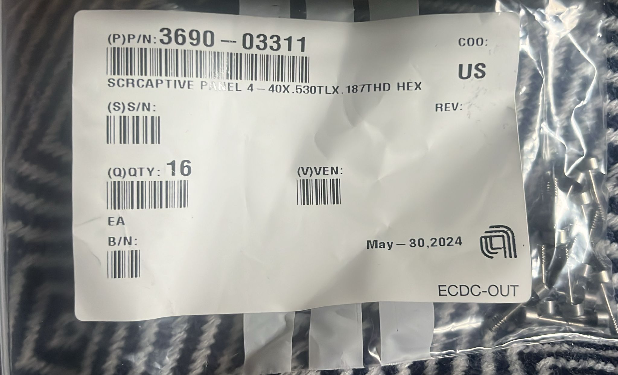 Used Applied Materials AMAT 3690-03311 SCR CAPTIVE PANEL,AC CABLE CON TO WXZ