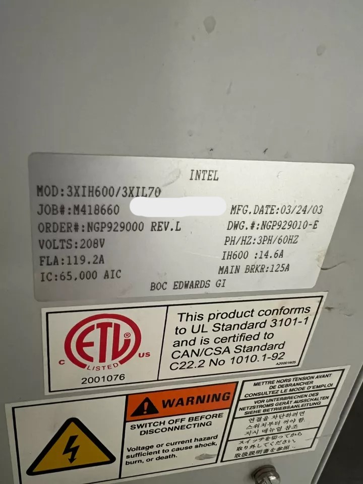 Used 2003 Perkin Elmer 4450 Sputtering PVD , Cryo Compressor, Vacuum Pump