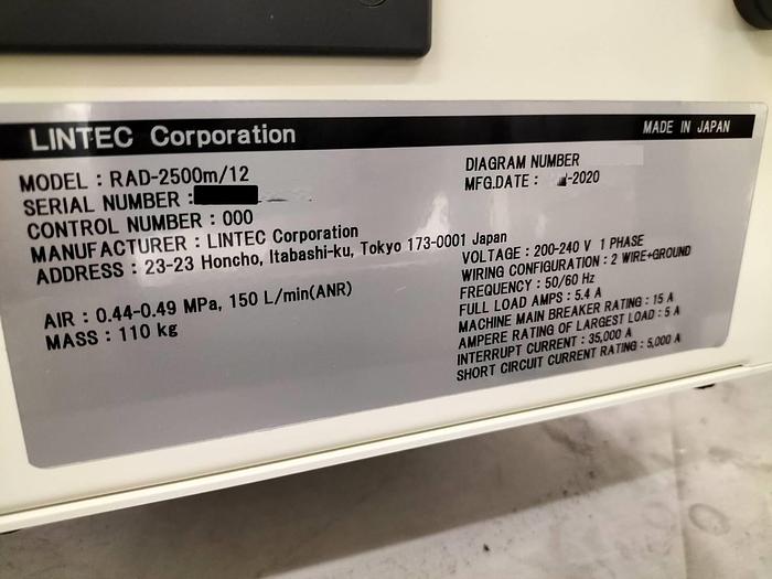 Used 2020 Lintec RAD-2500m/12 WAFER MOUNTER