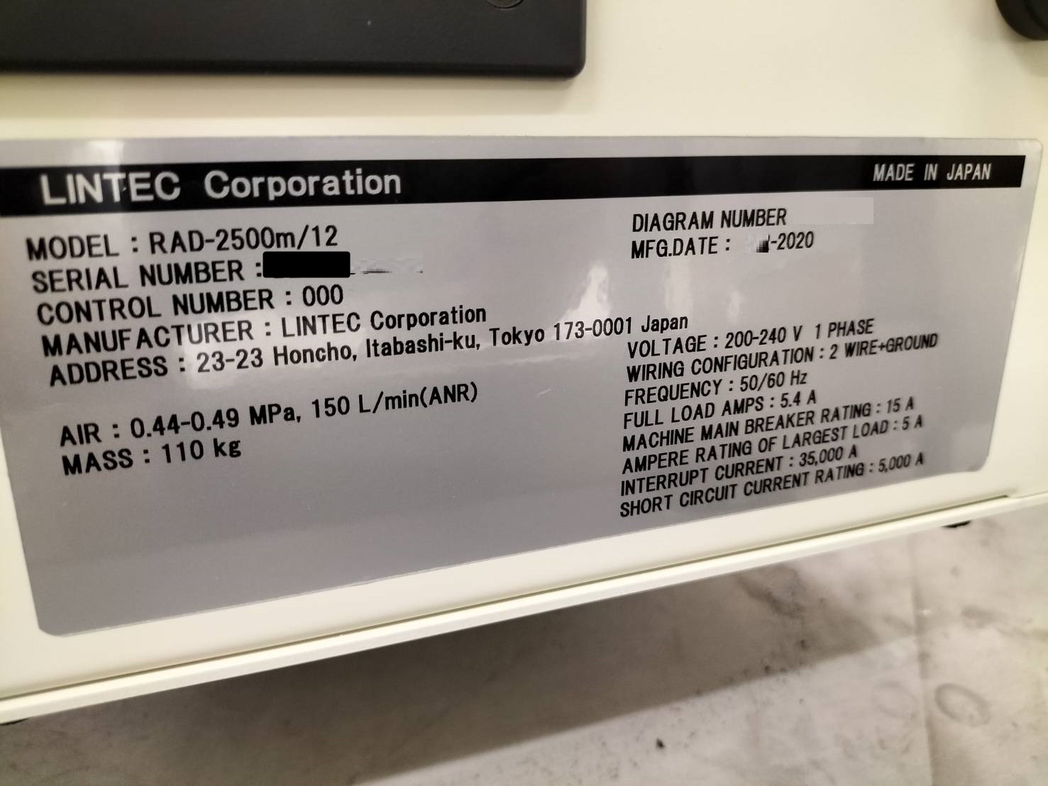 Used 2020 Lintec RAD-2500m/12 WAFER MOUNTER