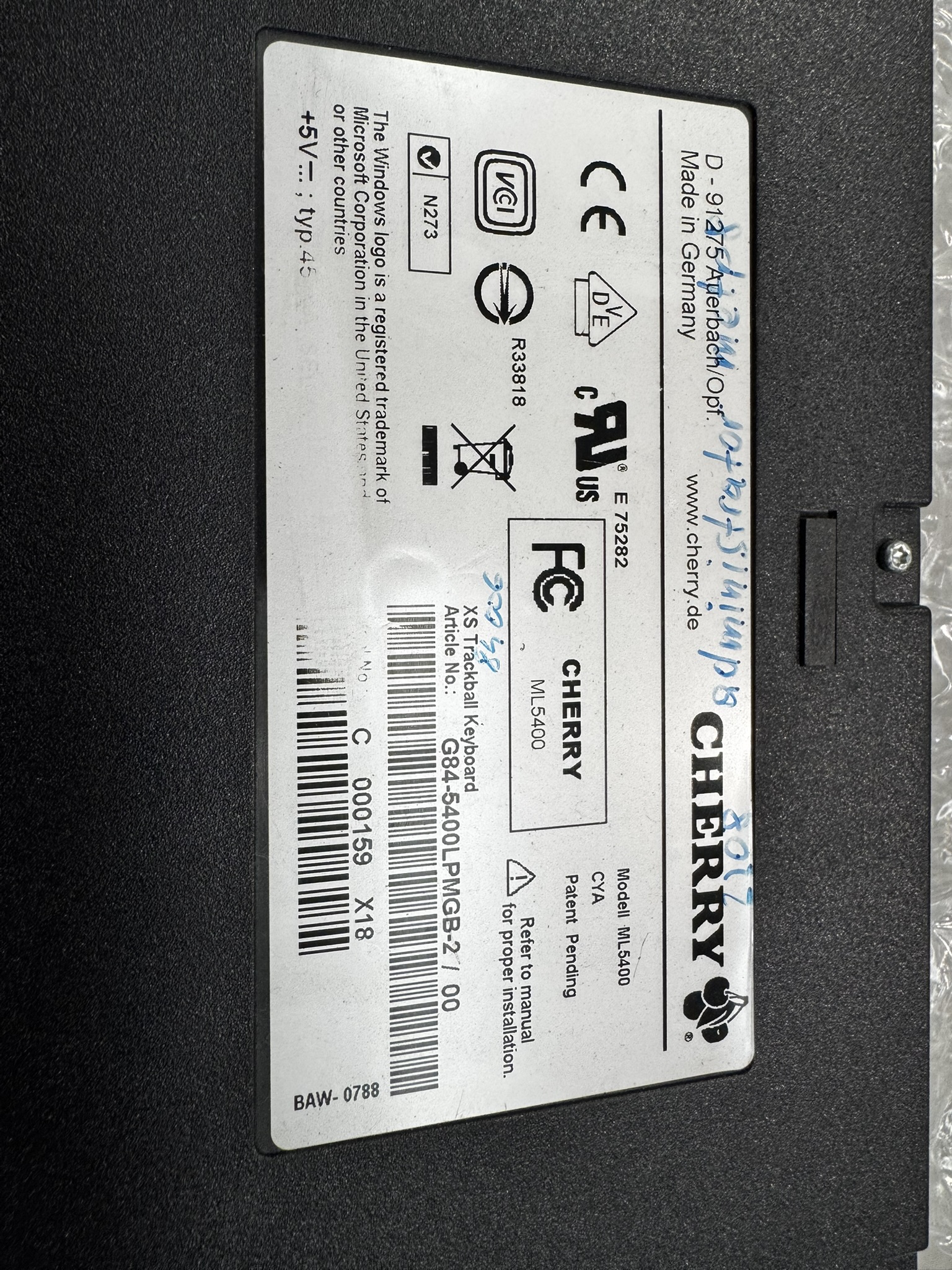 Used Cherry  ML5400 Industrial Trackball Keyboard Semiconductor Tool HMI G84-5400LPMGB-2/00
