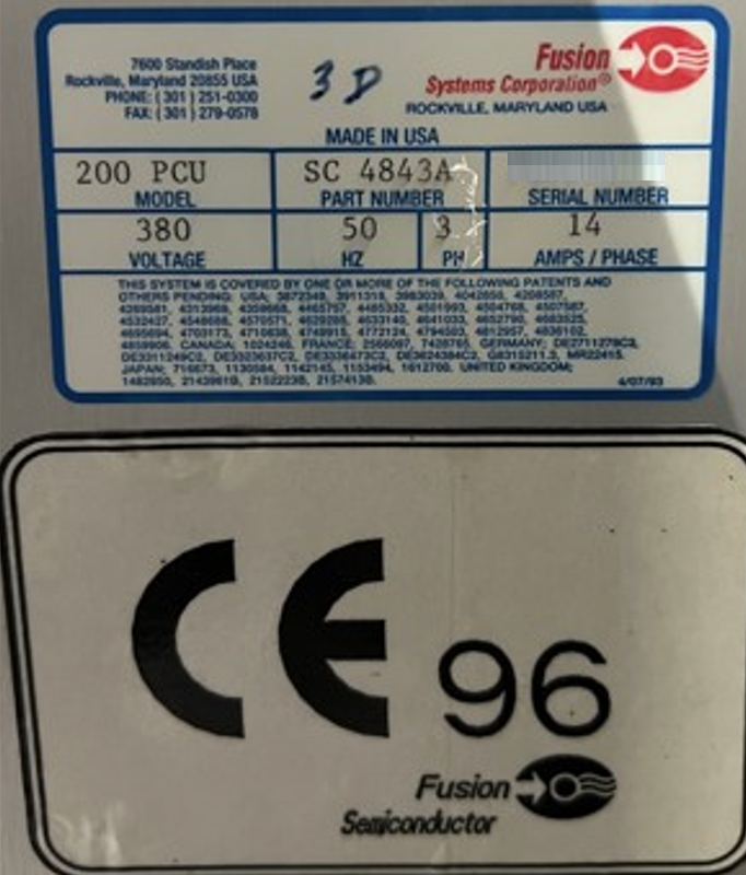 Used 1996 Fusion Systems Inc. 200 PCU