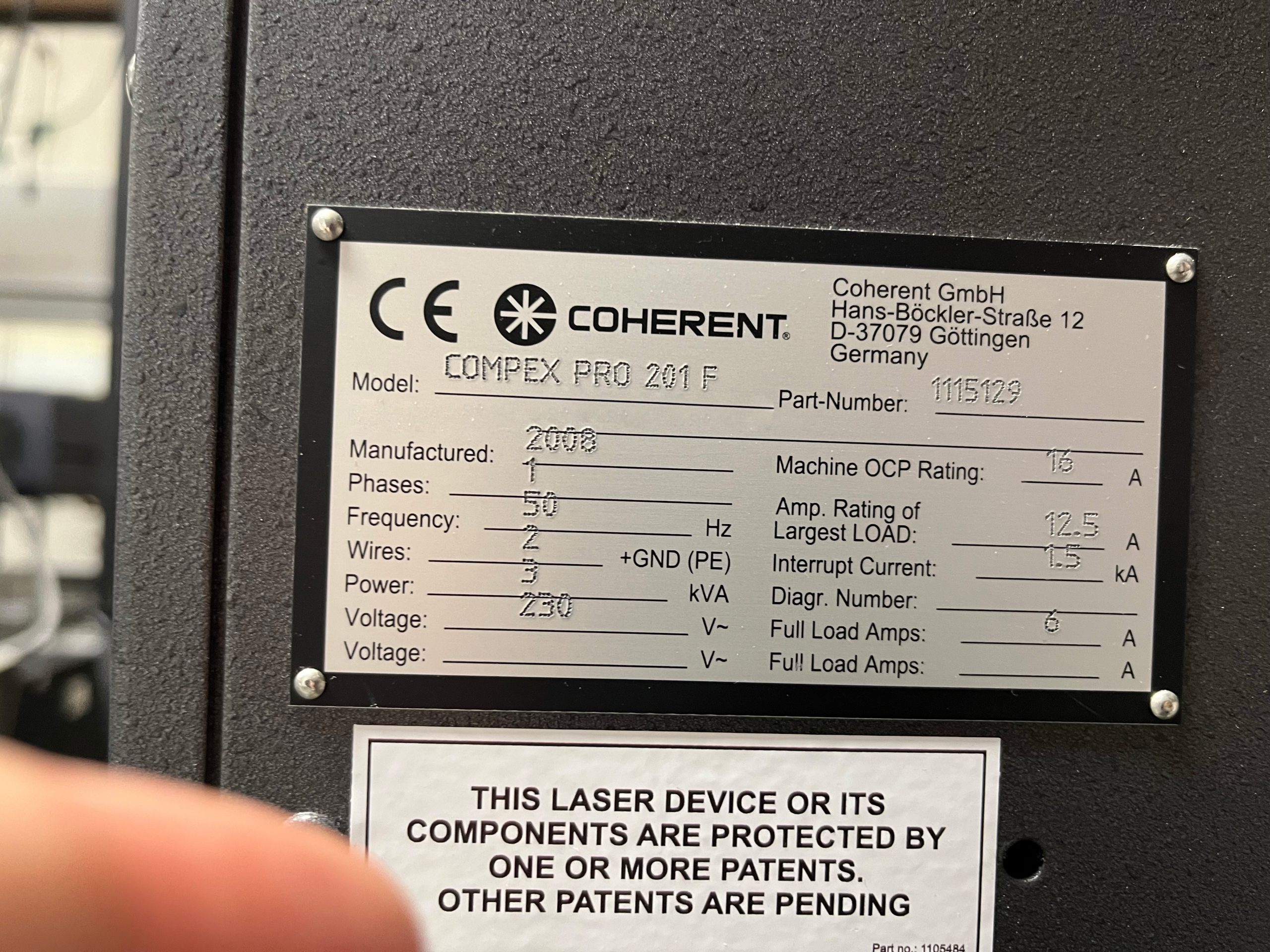 Used 2008 Coherent Compex Pro 201 F Laser