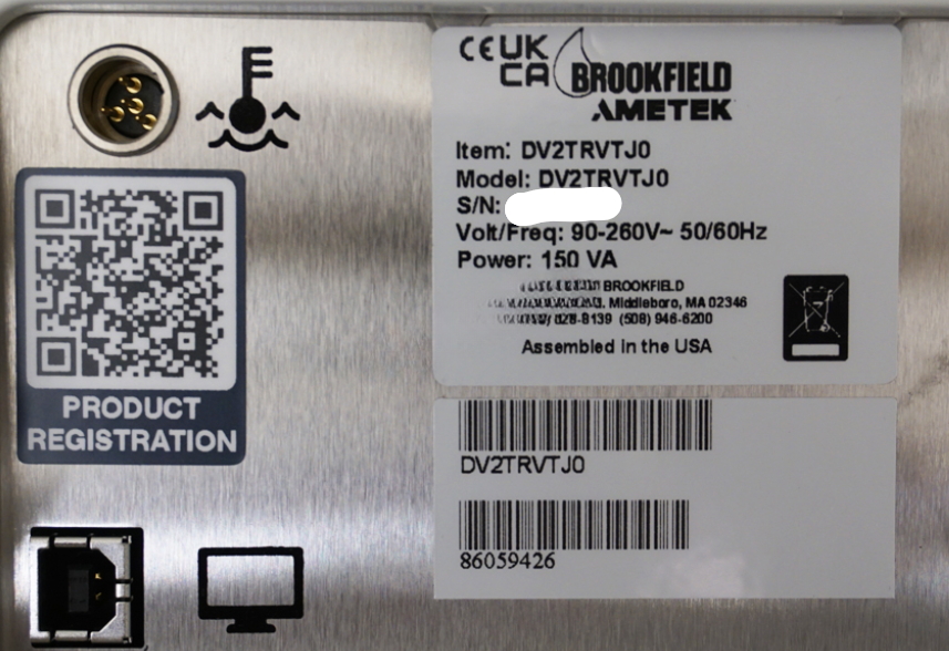 Brookfield Ametek DV2TRVT medium viscosity viscometer with RV spindle set, temperature probe, Rheocalc software, and stand
