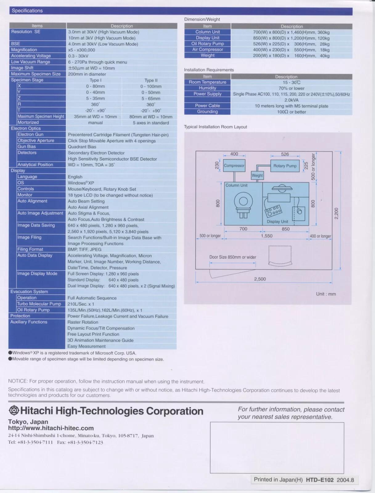 Used HITACHI S-3400N Scanning Electron Microscope