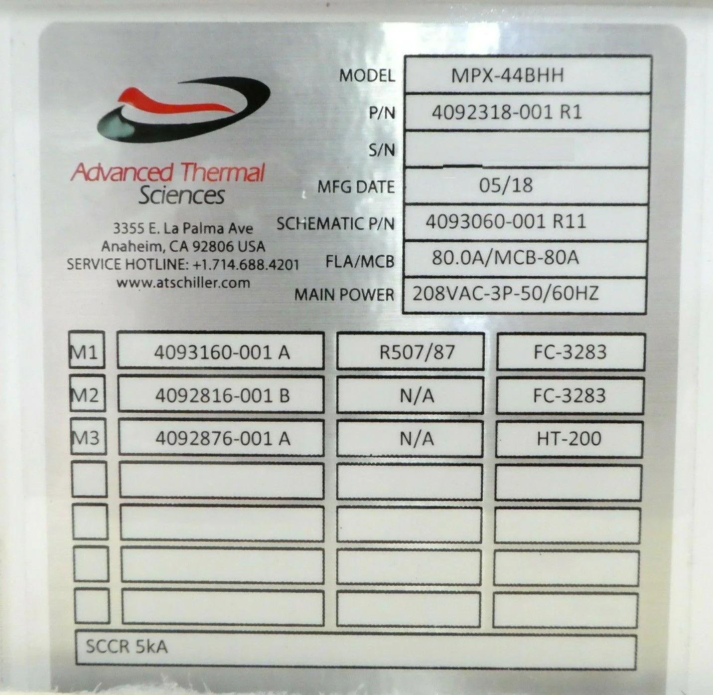 Used 2018 ATS Advanced Thermal Sciences ATS Advanced Thermal Sciences 4092318-001 3-Channel Chiller MPX-44BHH TEL New