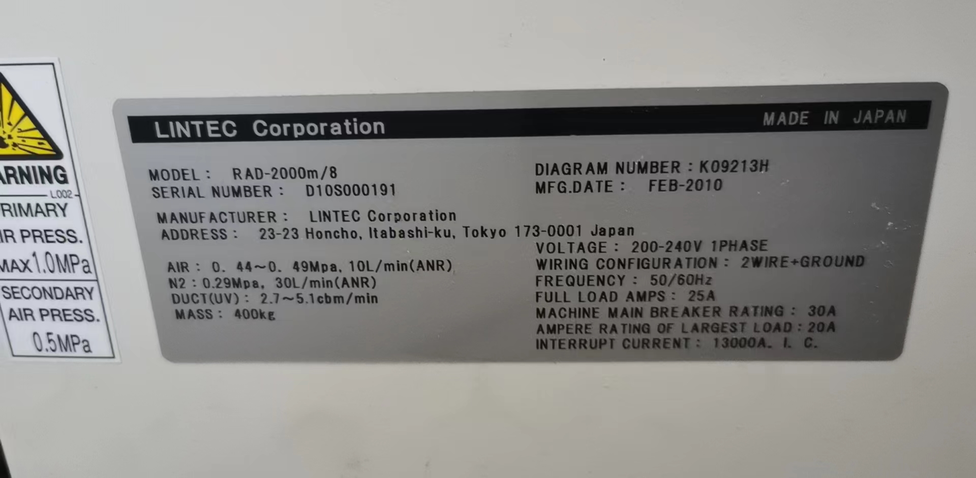 Used 2010 Lintec Rad 2000 M8 UV Irradiator