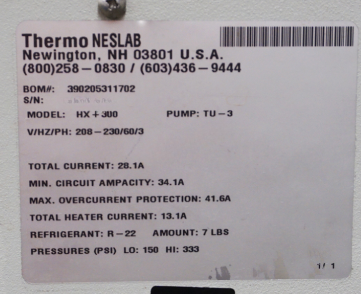 Used Thermo Neslab HX+300 chiller 34,100 BTU's (10KW) with TU-3 turbine pump 6gpm@ 60psi