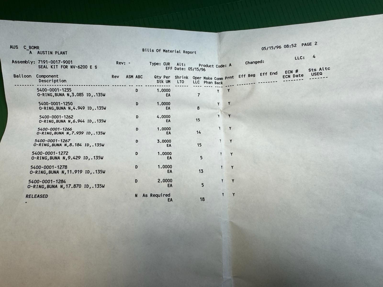 Used Eaton Nova NV6200 O-Ring Seals Spares Kit