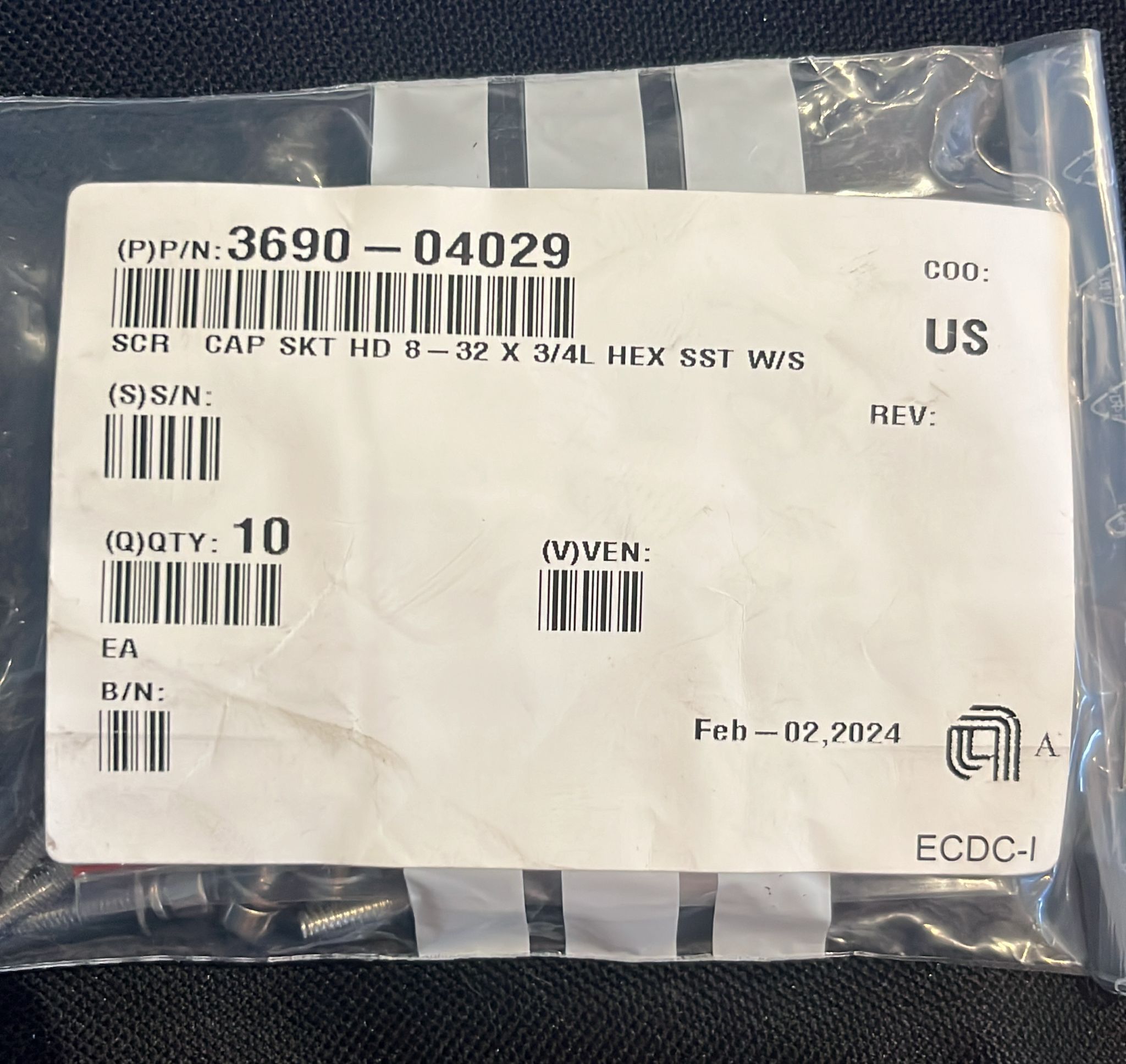 Used Applied Materials AMAT 3690-04029 SCRW SKT HD 8-32X3/4 L HEX SST