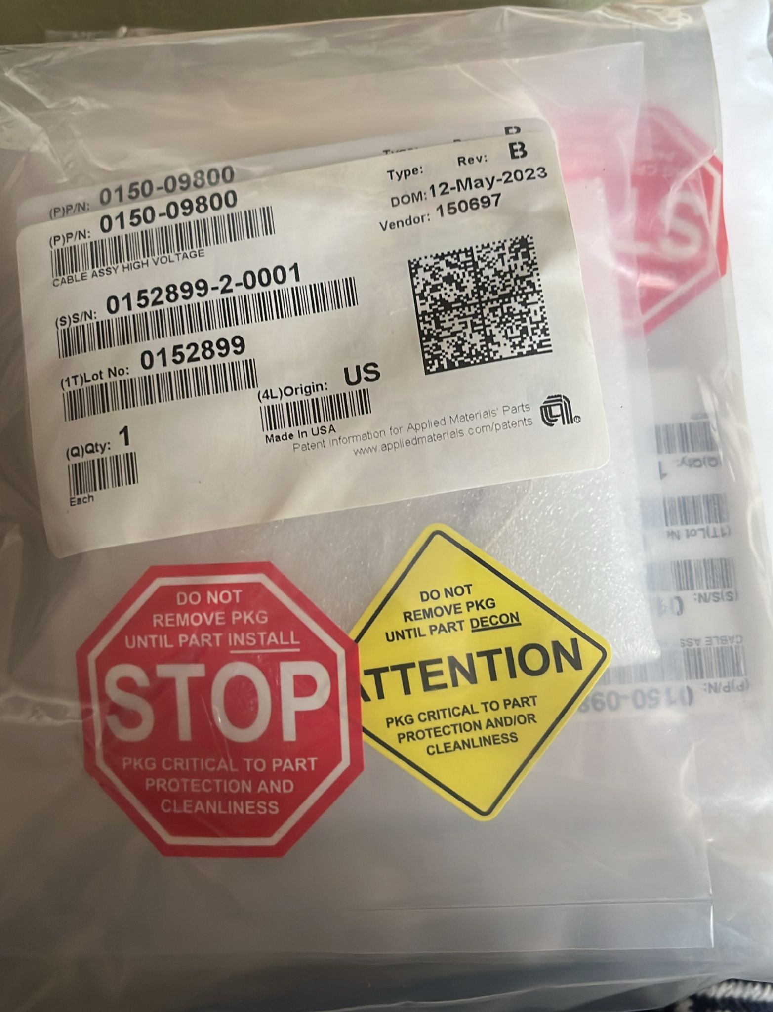 Used Applied Materials AMAT 0150-09800 CABLE ASSY HV