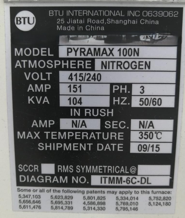 Used 2015 BTU INTERNATIONAL PYRAMAX 100N
