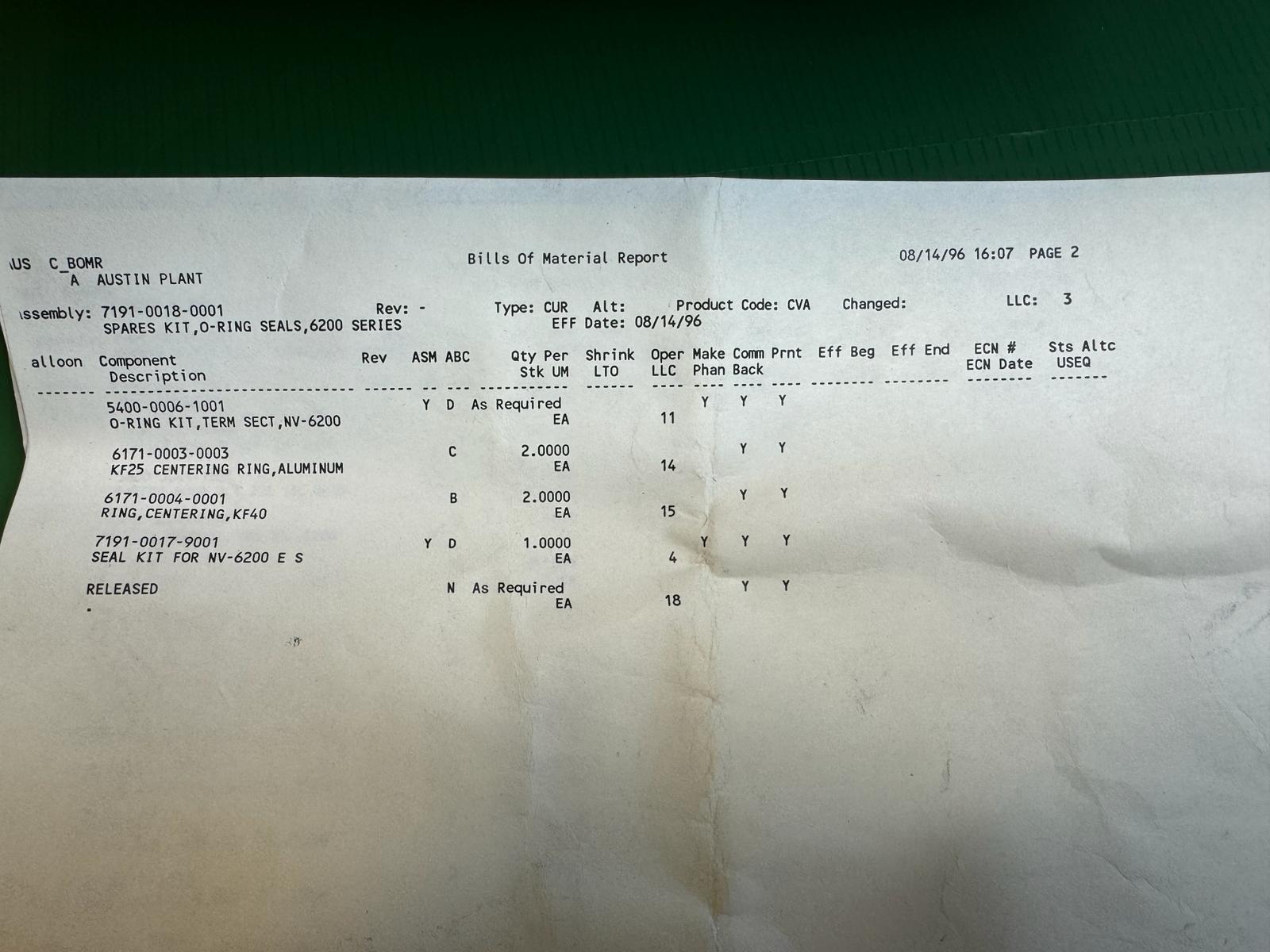 Used Eaton Nova NV6200 O-Ring Seals Spares Kit