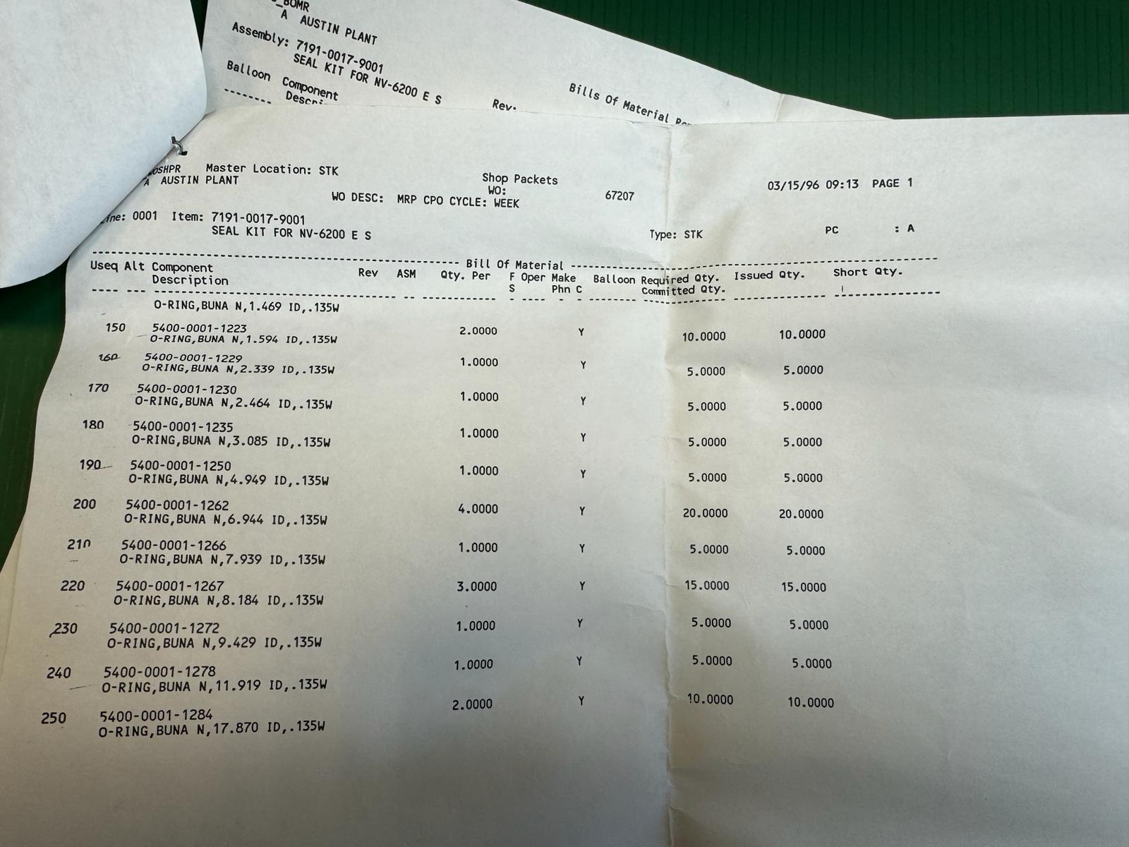 Used Eaton Nova NV6200 O-Ring Seals Spares Kit