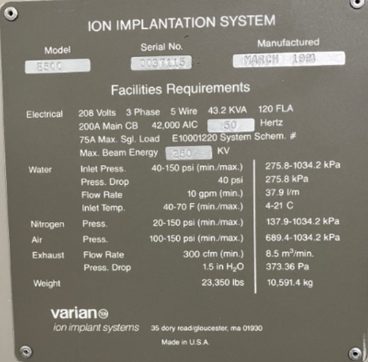 Used 1994 AMAT/ Varian E500 EHP