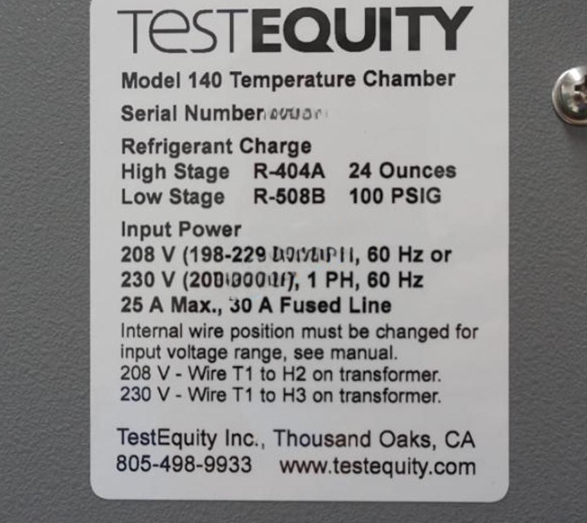 Used Test Equity 140 temperature chamber, 4 cuft, -73C to +175C