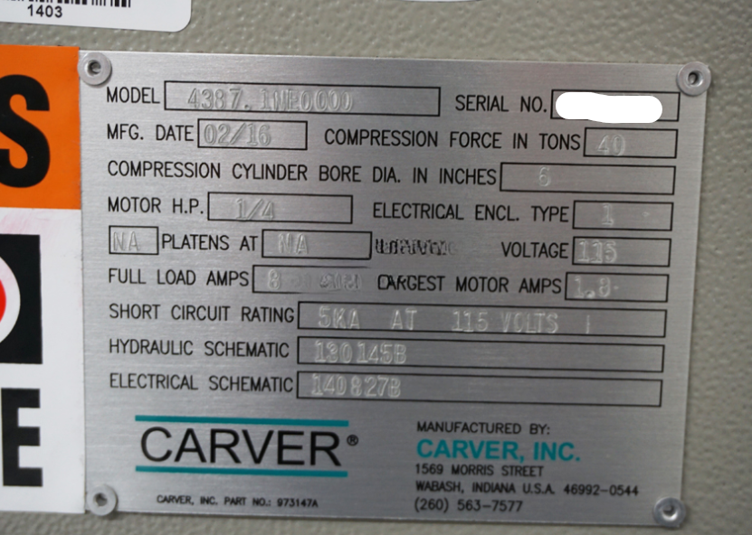 Used 2016 Carver 4387NE 40 ton Pellet press