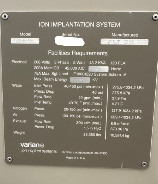 Used 1996 Varian E500 HP Ion Implanter