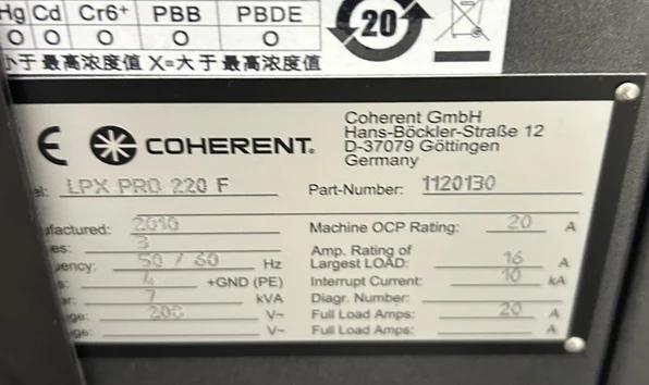 Used 2010 Coherent LPX Pro 220 F Excimer Laser