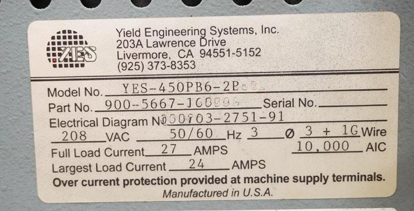 Refurbished 2014 Yield Engineering 450PB6-2P High temperature vacuum oven for polyimide, photoresist and epoxy curing