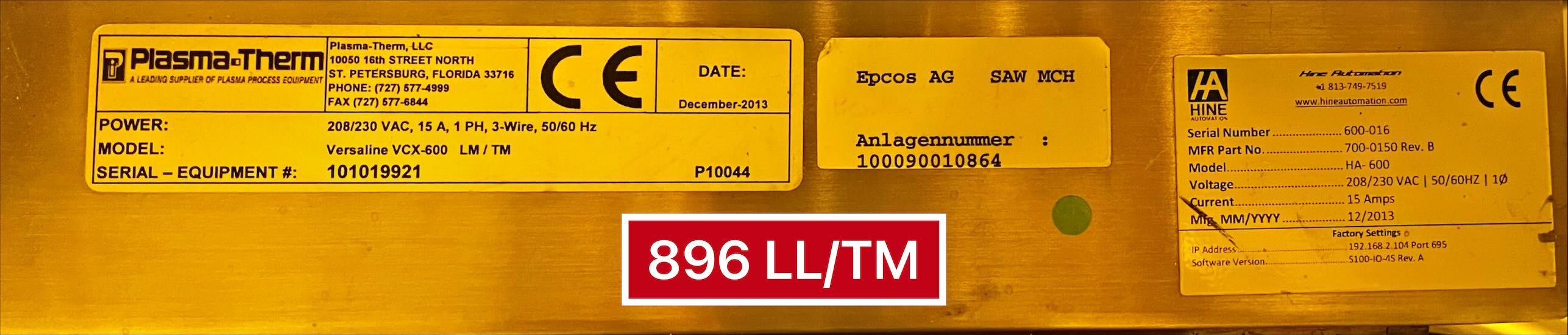 Used 2016 Plasmatherm Versaline ICP Dry Etching System