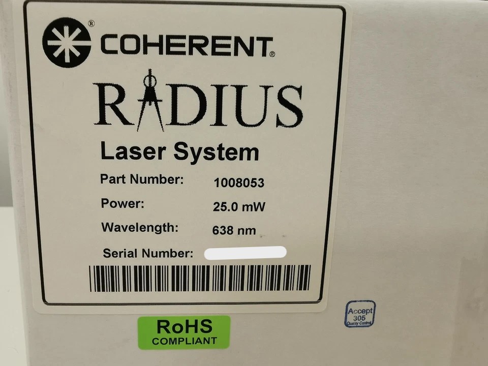 Used Coherent Radius 635 Continuous Wave (CW) Diode Laser 638nm 25mW + Power Supply