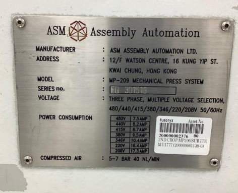 Used ASM MP-209 Mechanical Press System
