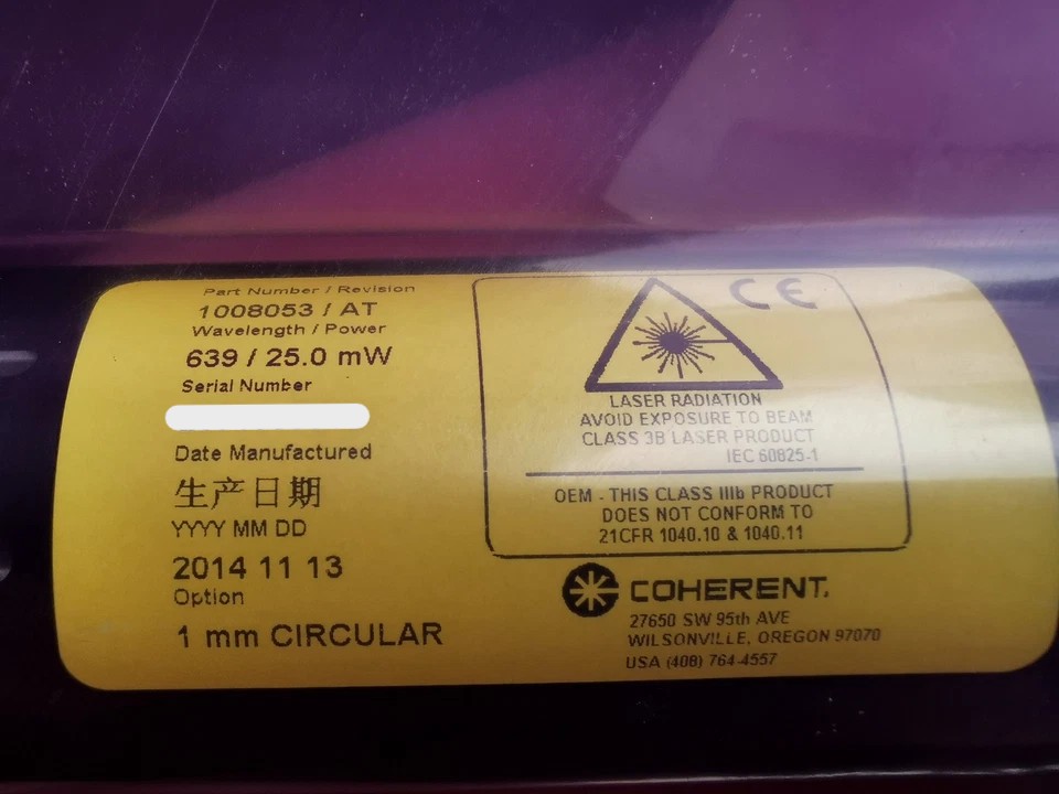 Used Coherent Radius 635 Continuous Wave (CW) Diode Laser 638nm 25mW + Power Supply