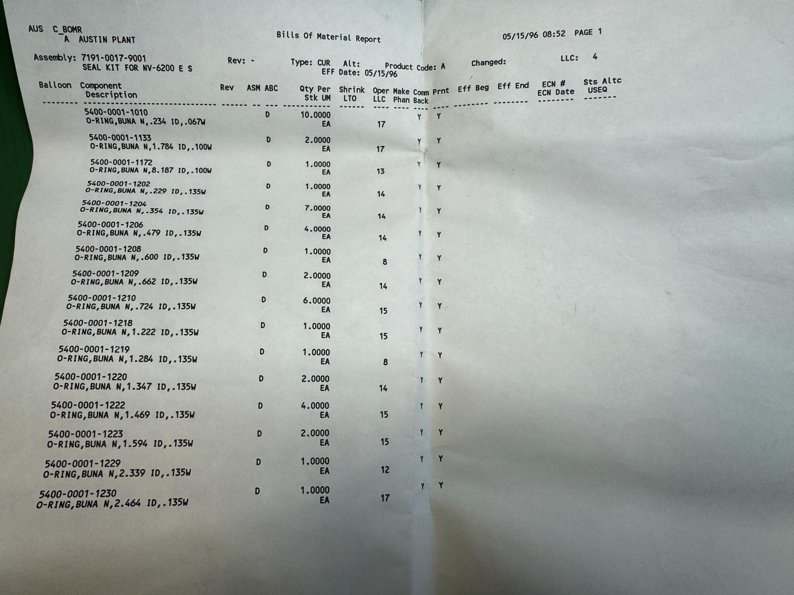 Used Eaton Nova NV6200 O-Ring Seals Spares Kit