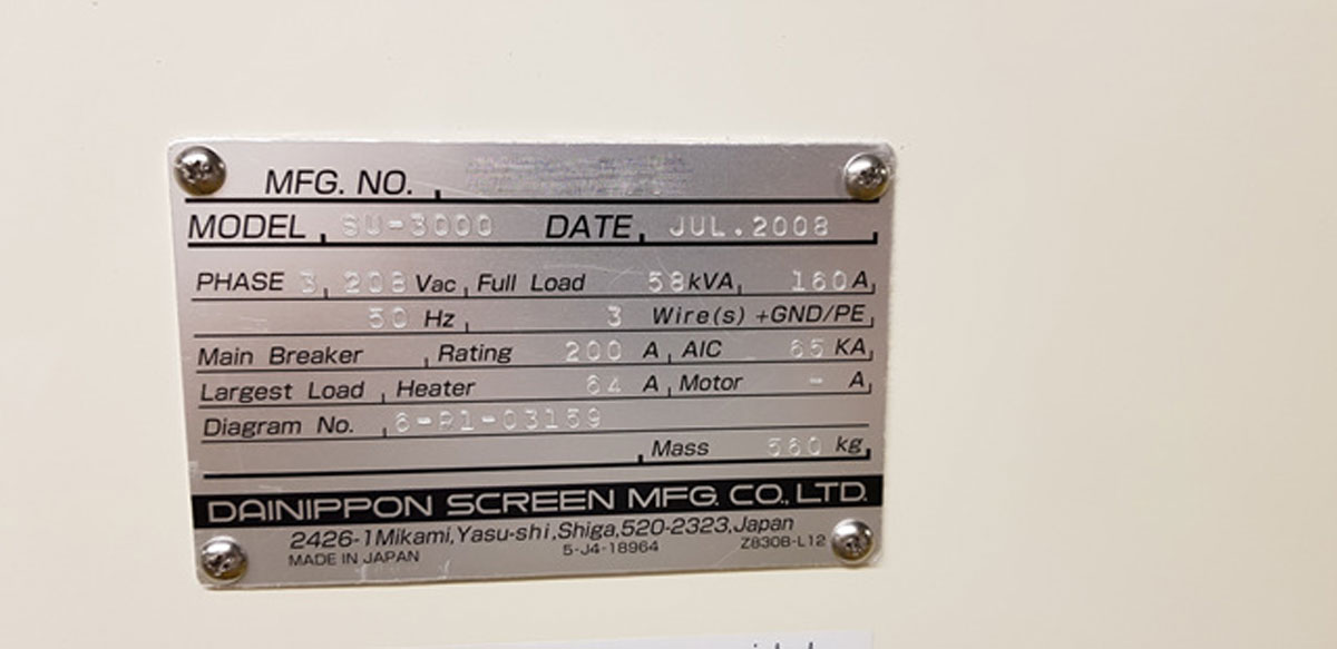 Used 2008 DNS Dainippon Screen SU3000 12 Inches 4 Chambers Wet Station