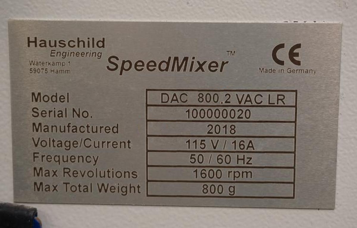 Used 2018 Hauschild SpeedMixer (Flacktek) DAC800.2 VAC LR Planetary Mixer