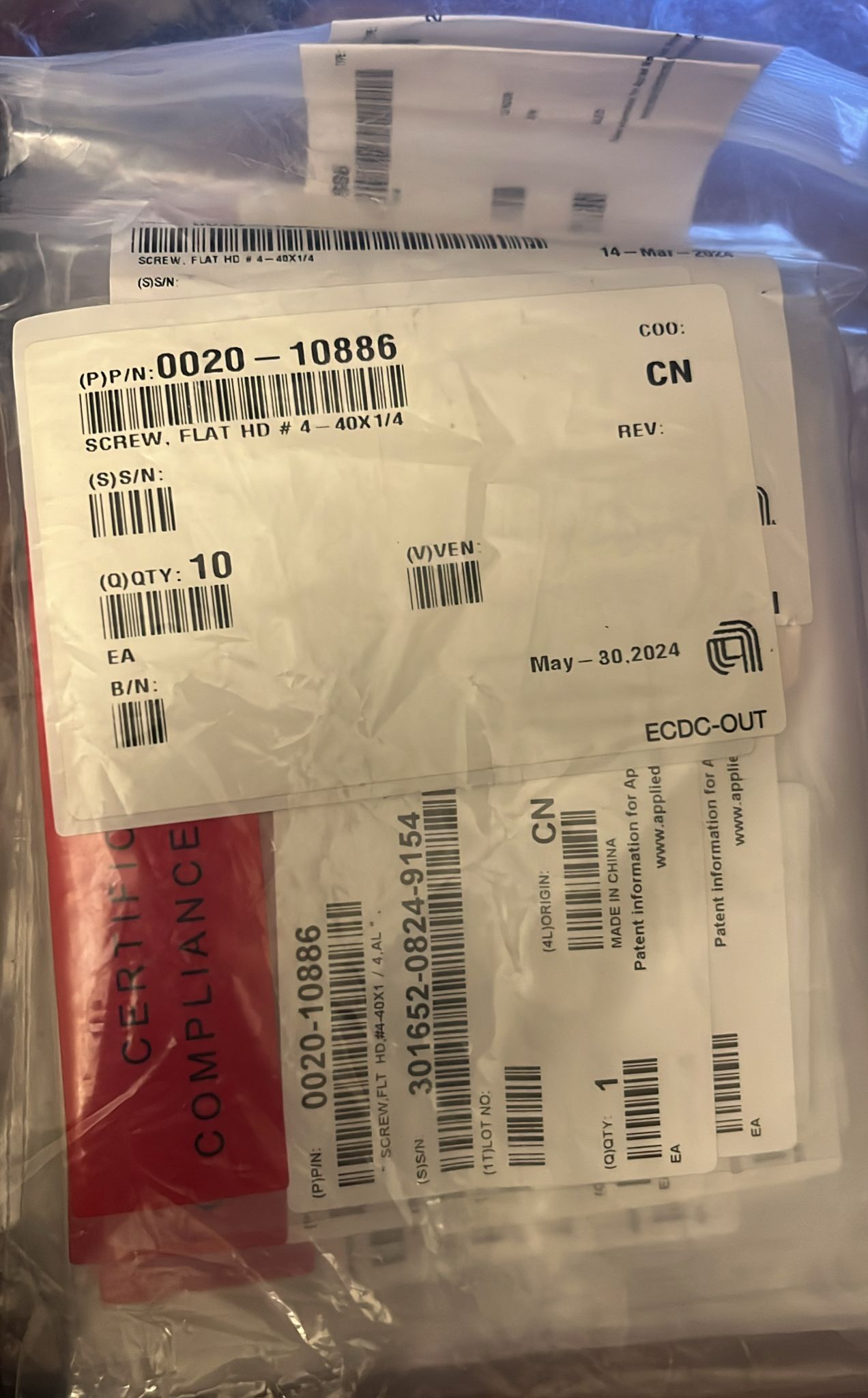 Used Applied Materials AMAT 0020-10886 SCR,SLTD FLAT HD 4-40 CFO