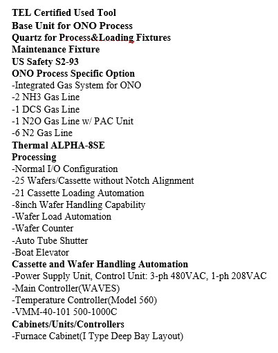 Used TEL Alpha 8 SE Vertical Furnace