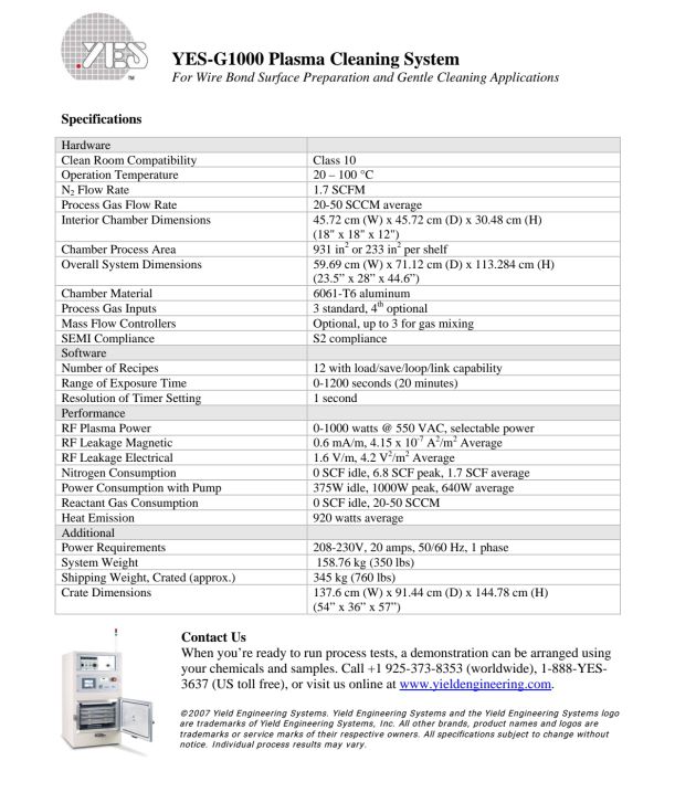 Used 2012 YES G1000 Plasma Cleaning system