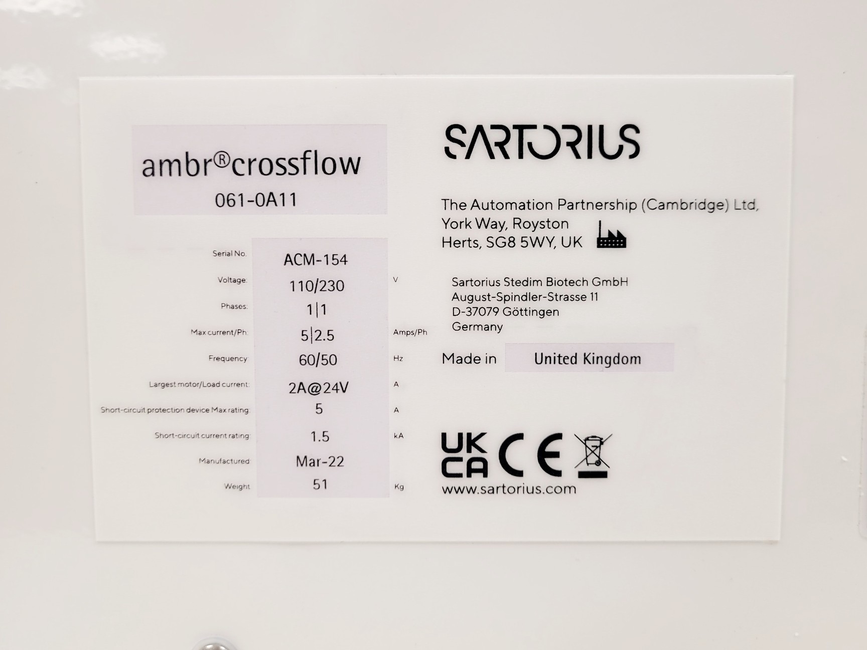 Used 2022 Sartorius AMBR Crossflow 061-0A11 Automated TFF System
